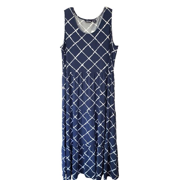 Lands' End Dress NEW 2X Blue & White Tiered Maxi Geometric Print Coastal Cruise - Picture 1 of 16